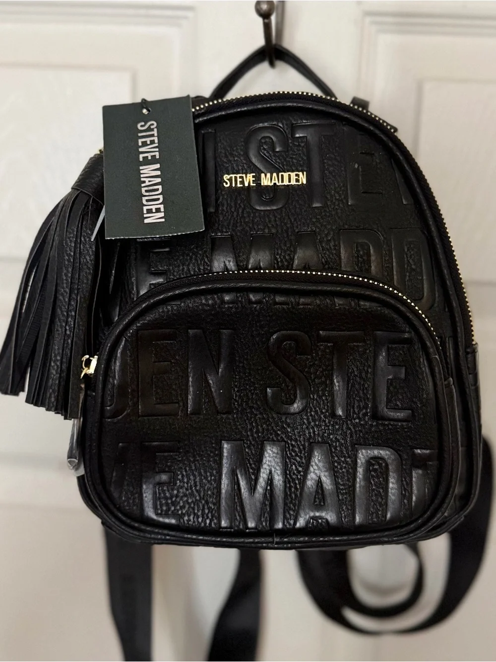 Steve Madden Black Embossed Tassel Mini Backpack
